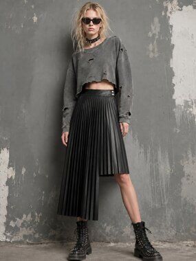 Asymmetric Pleated Faux Leather Black Midi S Skirt Y2K Academia Grunge